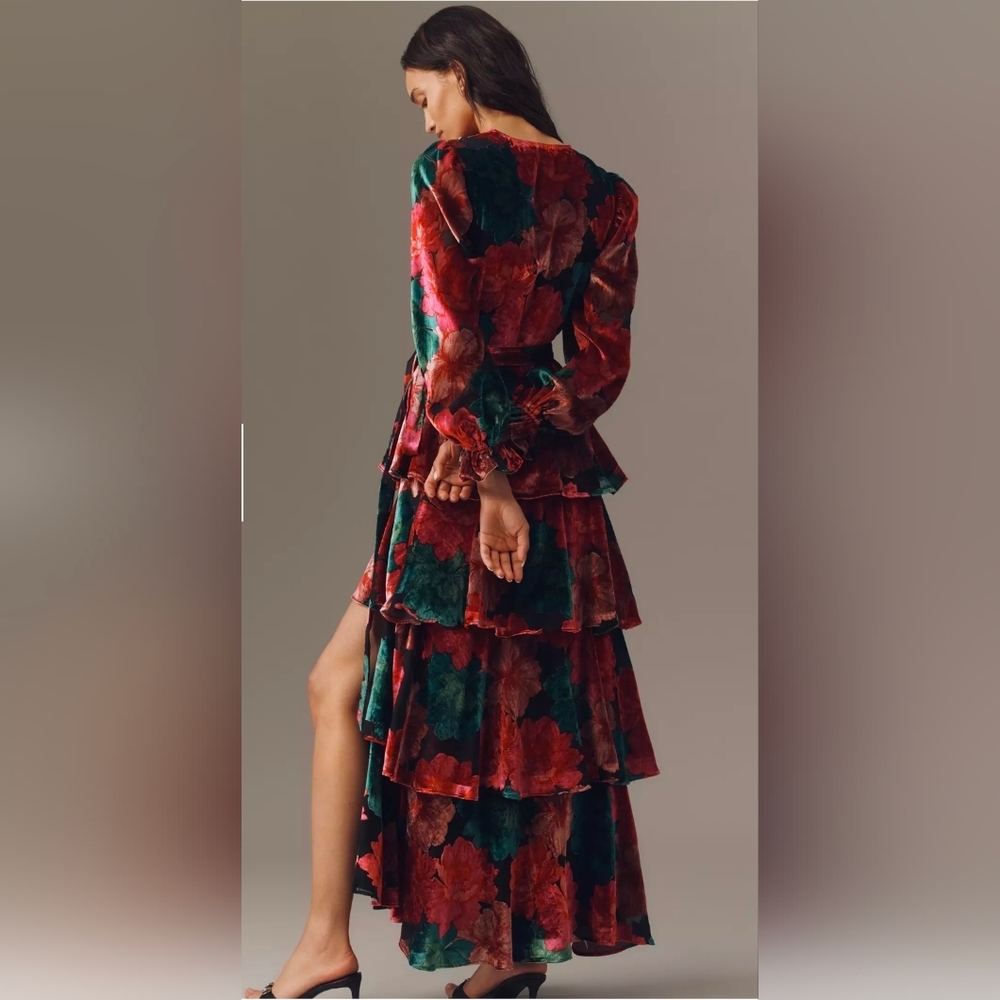 Hutch Velvet Floral Tiered Maxi Dress in Red and Green